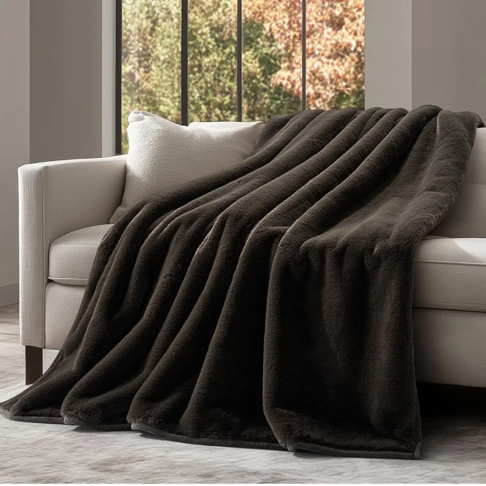 🆕 PB Style Dark Brown Faux Mink Rabbit Fur Throw Velvet Backing XL Quilt Bed